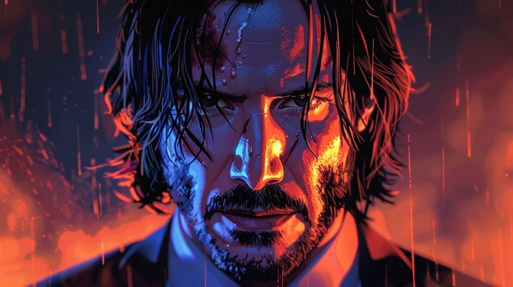 Rotoscope animation style portrait of John Wick.