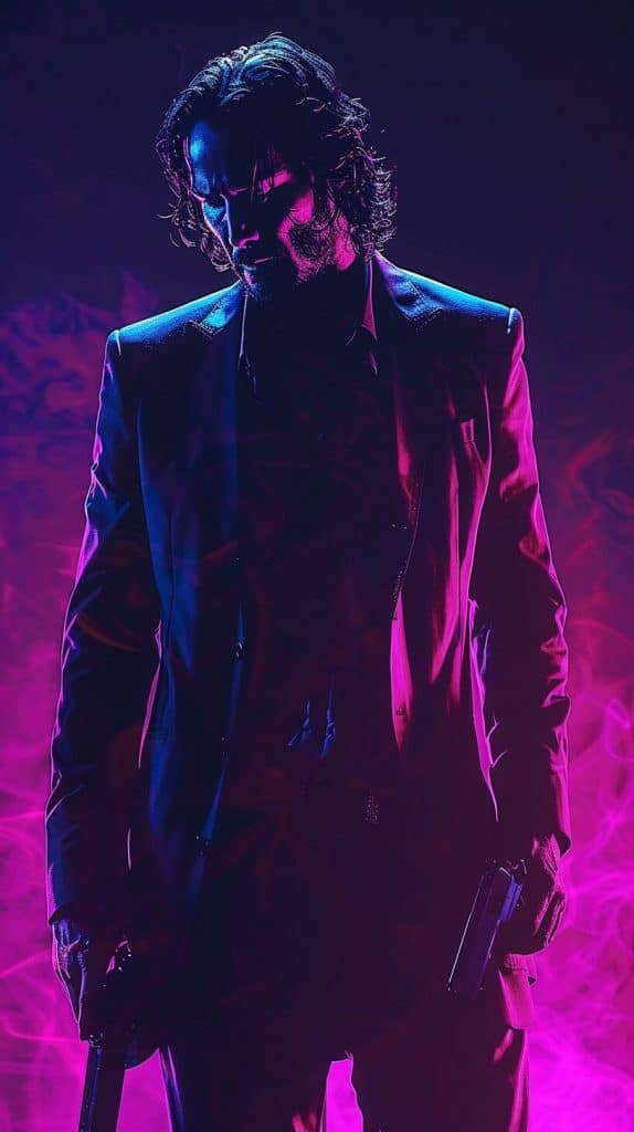 Rotoscoped animation style image of John Wick standing in a reflective pose.
