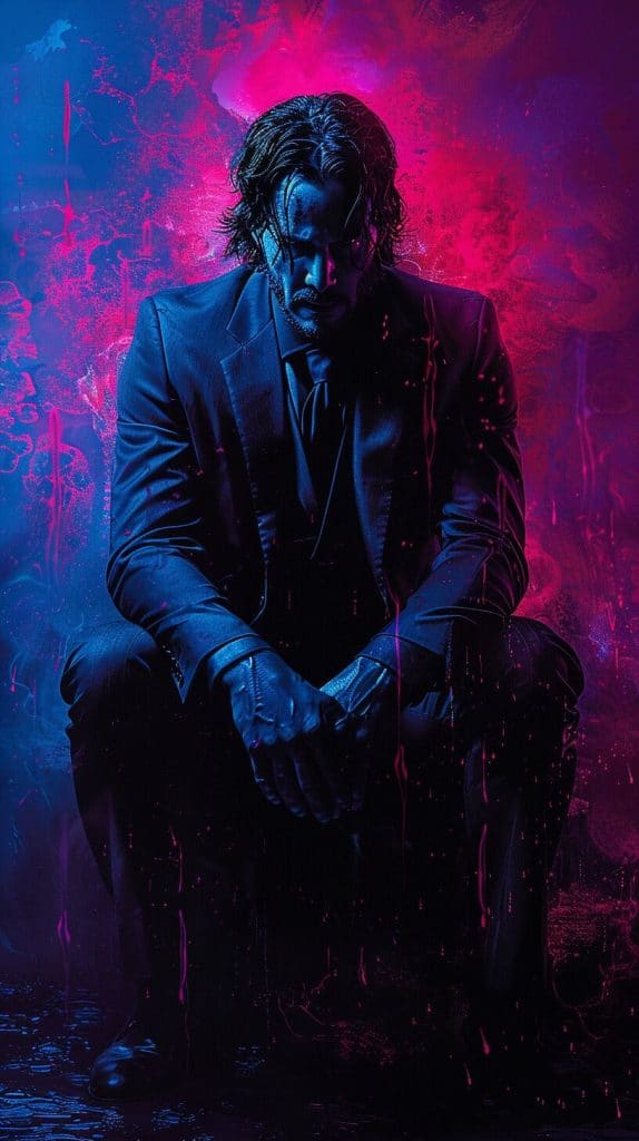 Rotoscoped animation style image of John Wick sitting in a reflective pose.