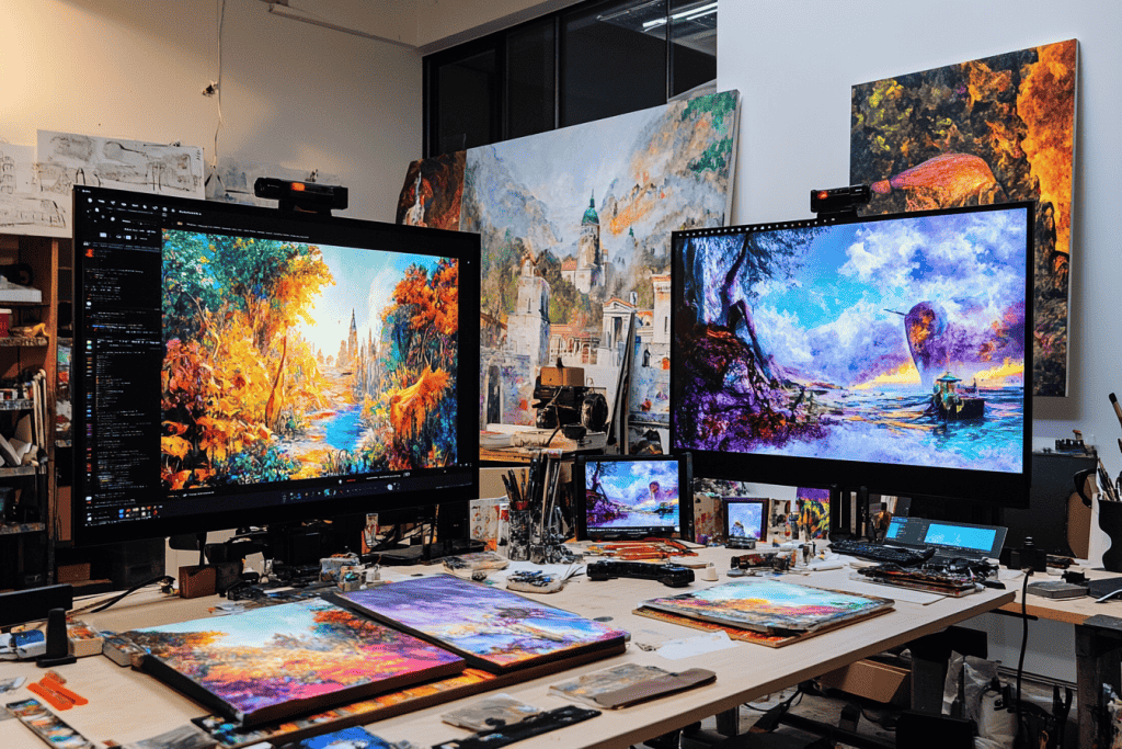 An artistic workspace filled with surrealist paintings in different styles, a high-tech screen showing Runway Frames generating hyper-realistic and surreal imagery