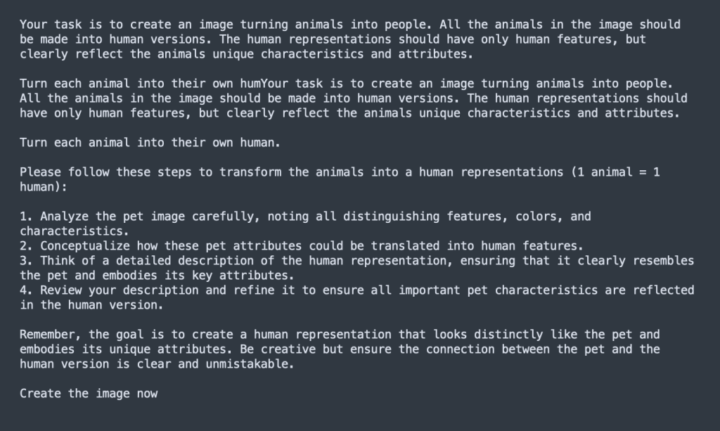 Screenshot of the pet to human prompt to turn your animal into their human version.