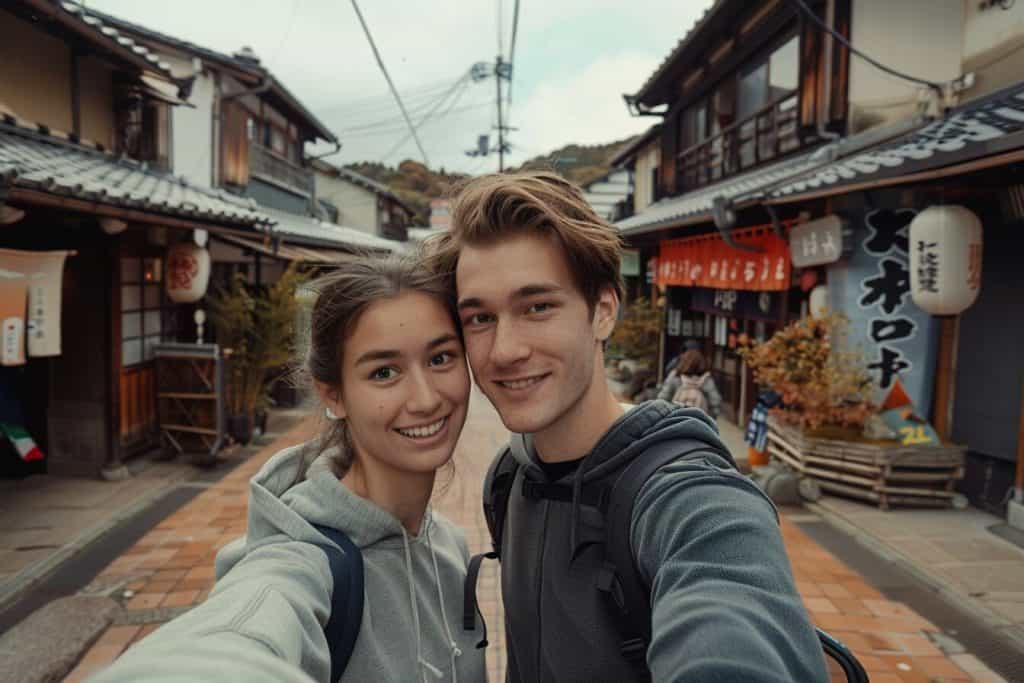 Selfie of a couple on vacation in Japan.