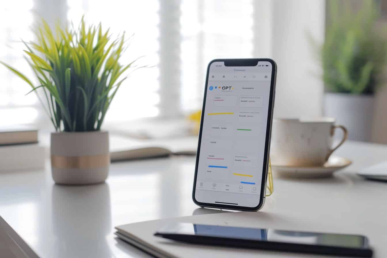 Smartphone on a desk using ChatGPT as a personal assistant to manage schedules and set reminders, with a daily planner and coffee beside it.