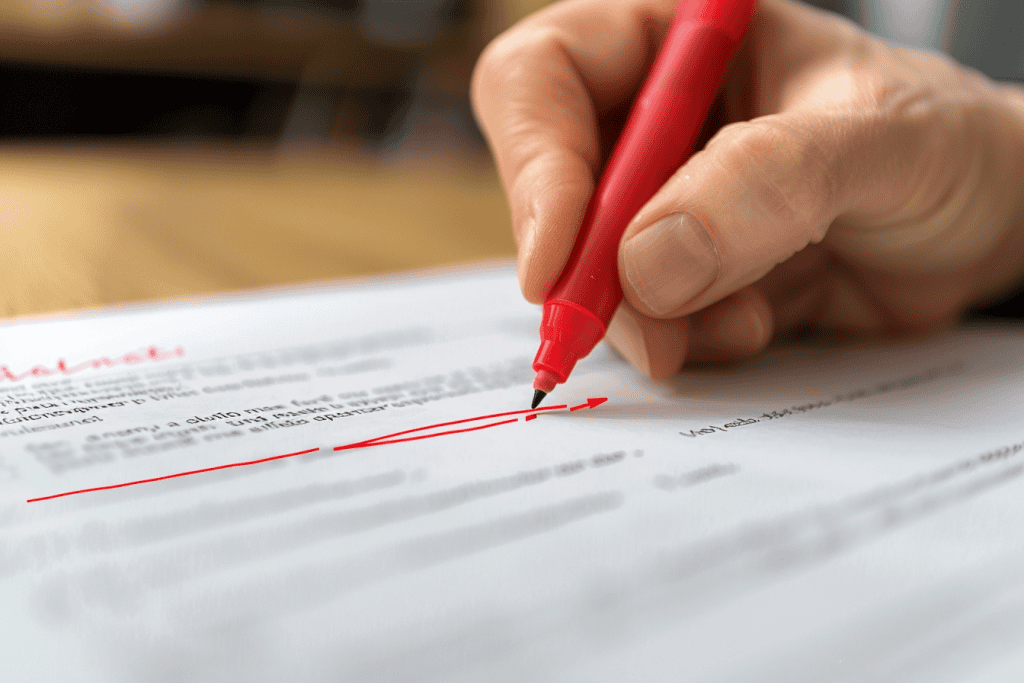 A hand editing a printed report with a red pen.