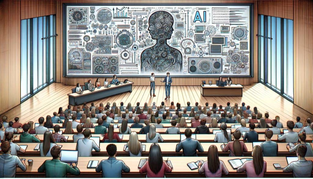 Sketch of a lecture hall full of people learning about AI