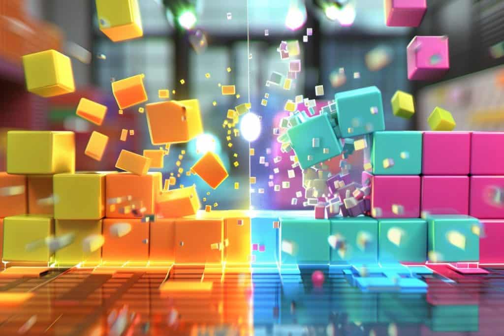 Split screen of exploding bricks from the classic Brick Breaker videogame.