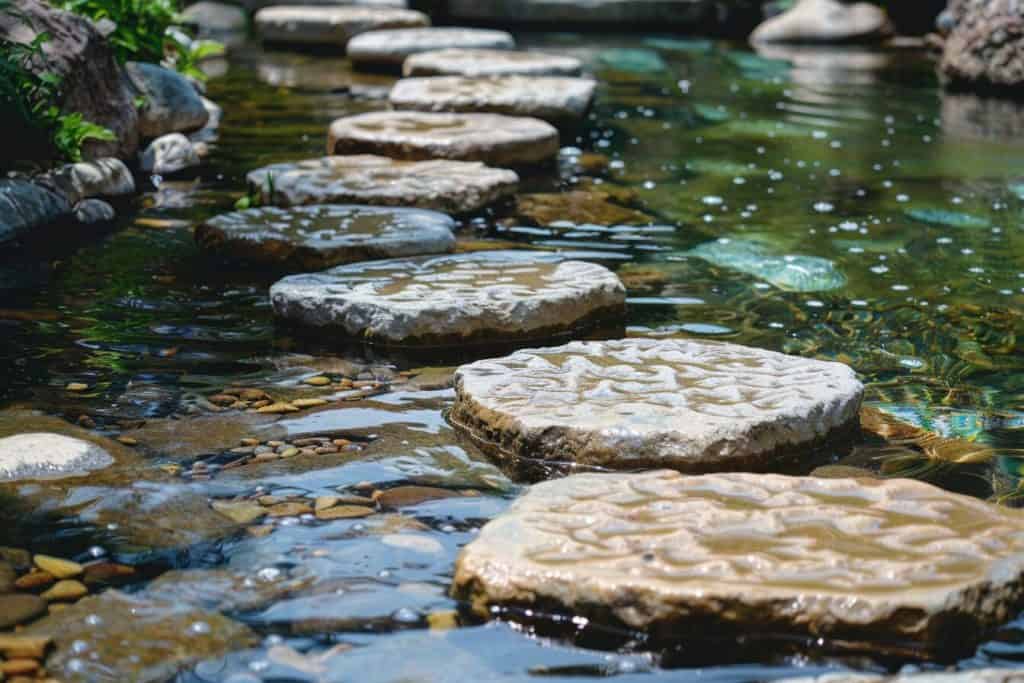 Serene stream flowing between stepping stones, symbolizing a smooth and logical flow of information.