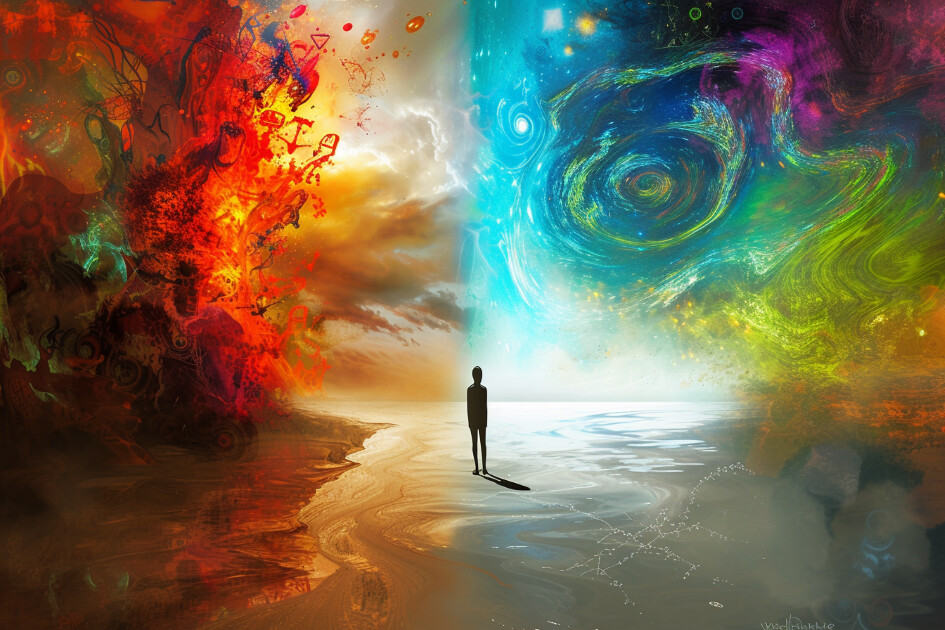 Representing Midjourney Stylize Parameter. Image depicting two parallel worlds: one hyper-realistic and colorful, the other abstract and ethereal, with a figure standing at the intersection between them.
