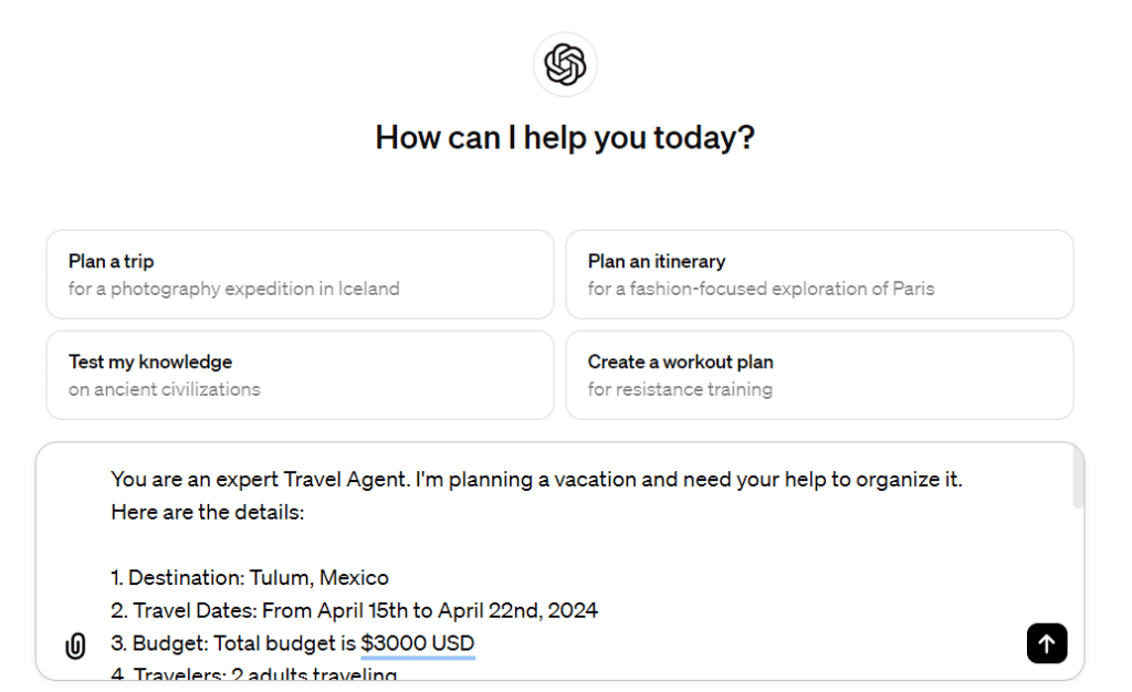 Entering the cruise planner prompt into ChatGPT.