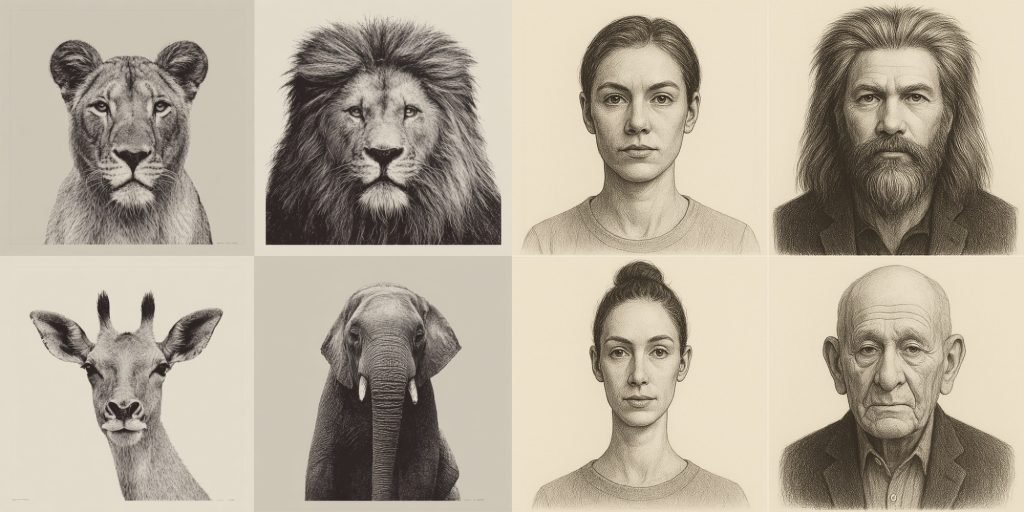 Wild animals turned into their human counterparts.
